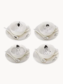 Set di 4 tazze da caffè dipinte a mano con piattini e cucchiaini Undressed